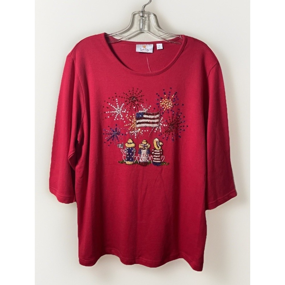 Quacker Factory Women's Red Knit Red July 4th Top Shirt Large Sequins Flag USA